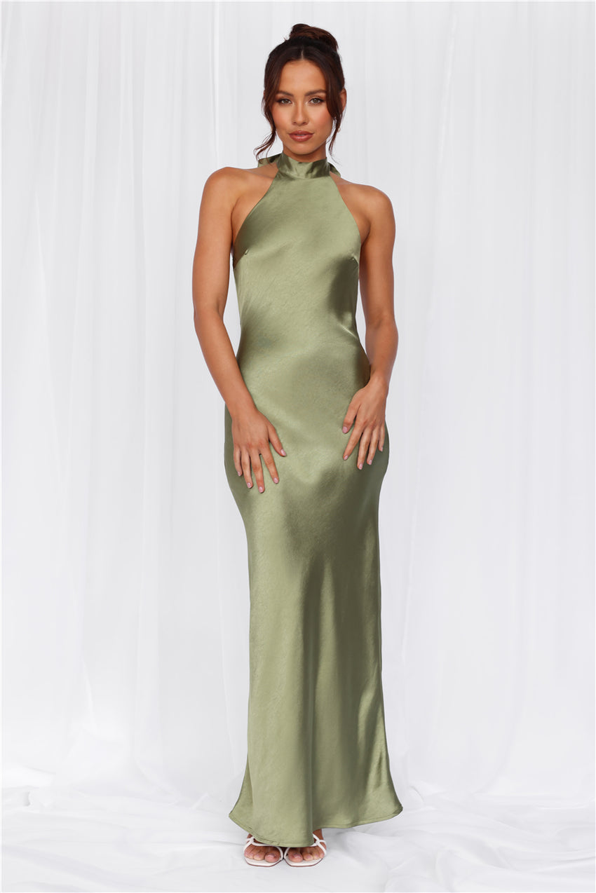 HELLO MOLLY The Cleo Halter Satin Maxi Dress Olive