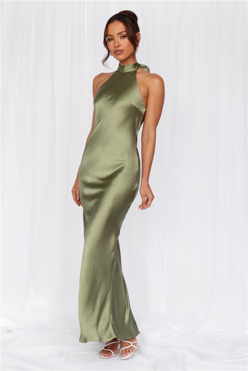 HELLO MOLLY The Cleo Halter Satin Maxi Dress Olive