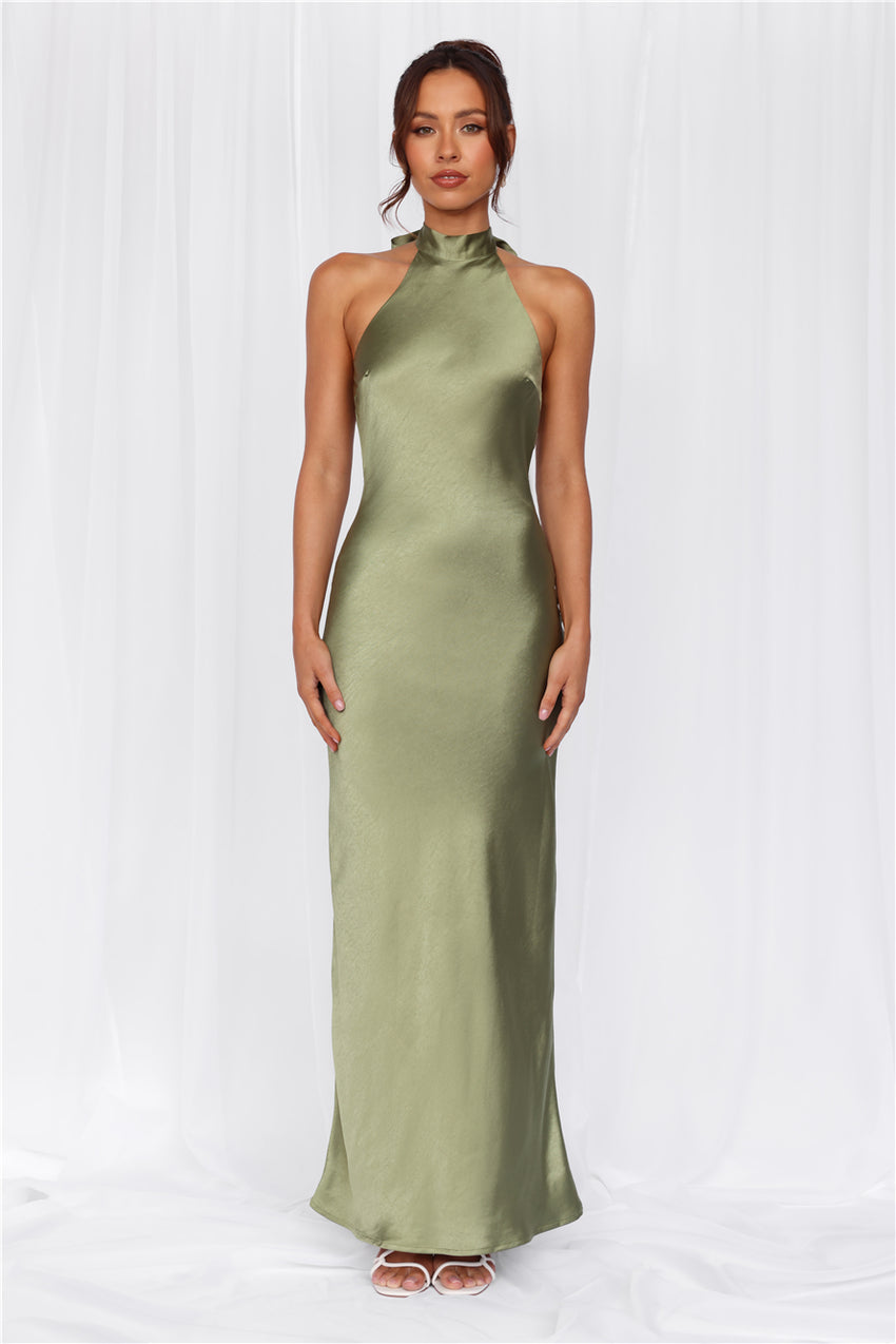 HELLO MOLLY The Cleo Halter Satin Maxi Dress Olive