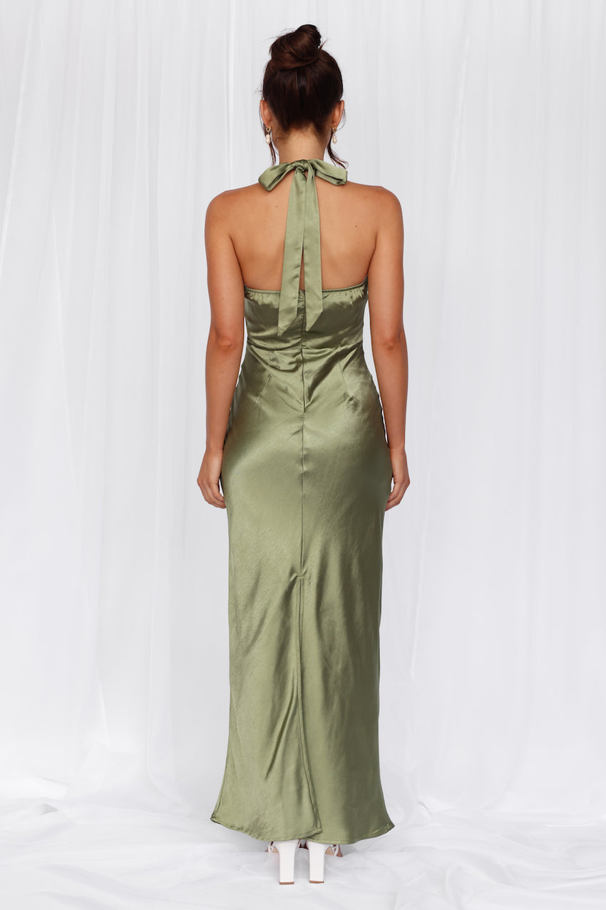 HELLO MOLLY The Cleo Halter Satin Maxi Dress Olive