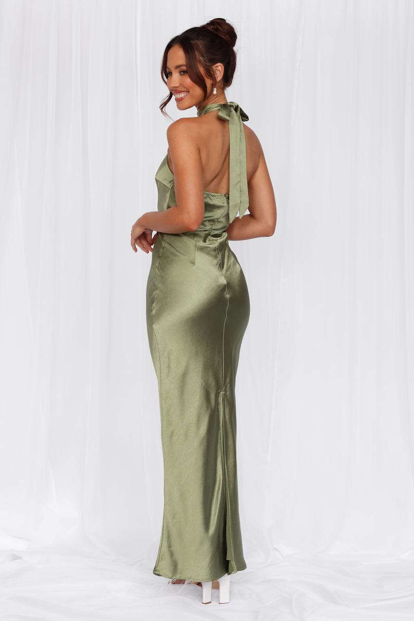HELLO MOLLY The Cleo Halter Satin Maxi Dress Olive