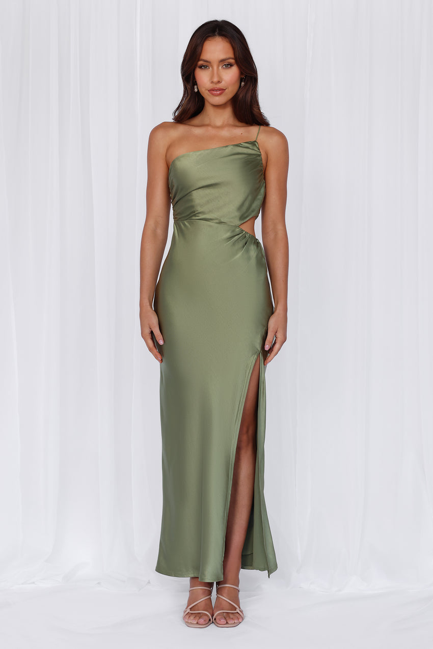 HELLO MOLLY The Opal One Shoulder Satin Maxi Dress Olive