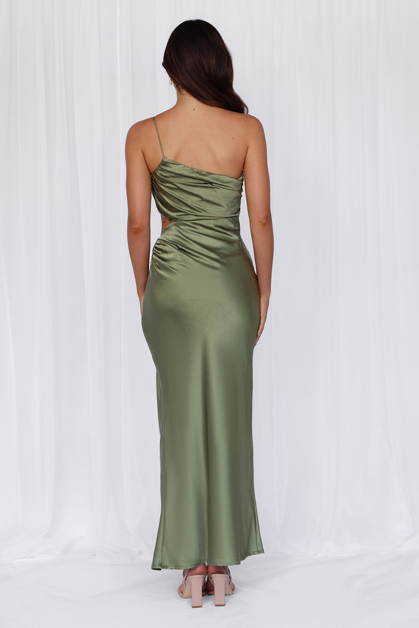 HELLO MOLLY The Opal One Shoulder Satin Maxi Dress Olive