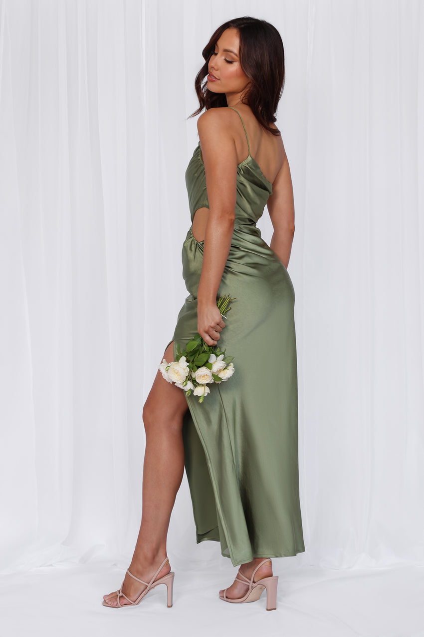 HELLO MOLLY The Opal One Shoulder Satin Maxi Dress Olive