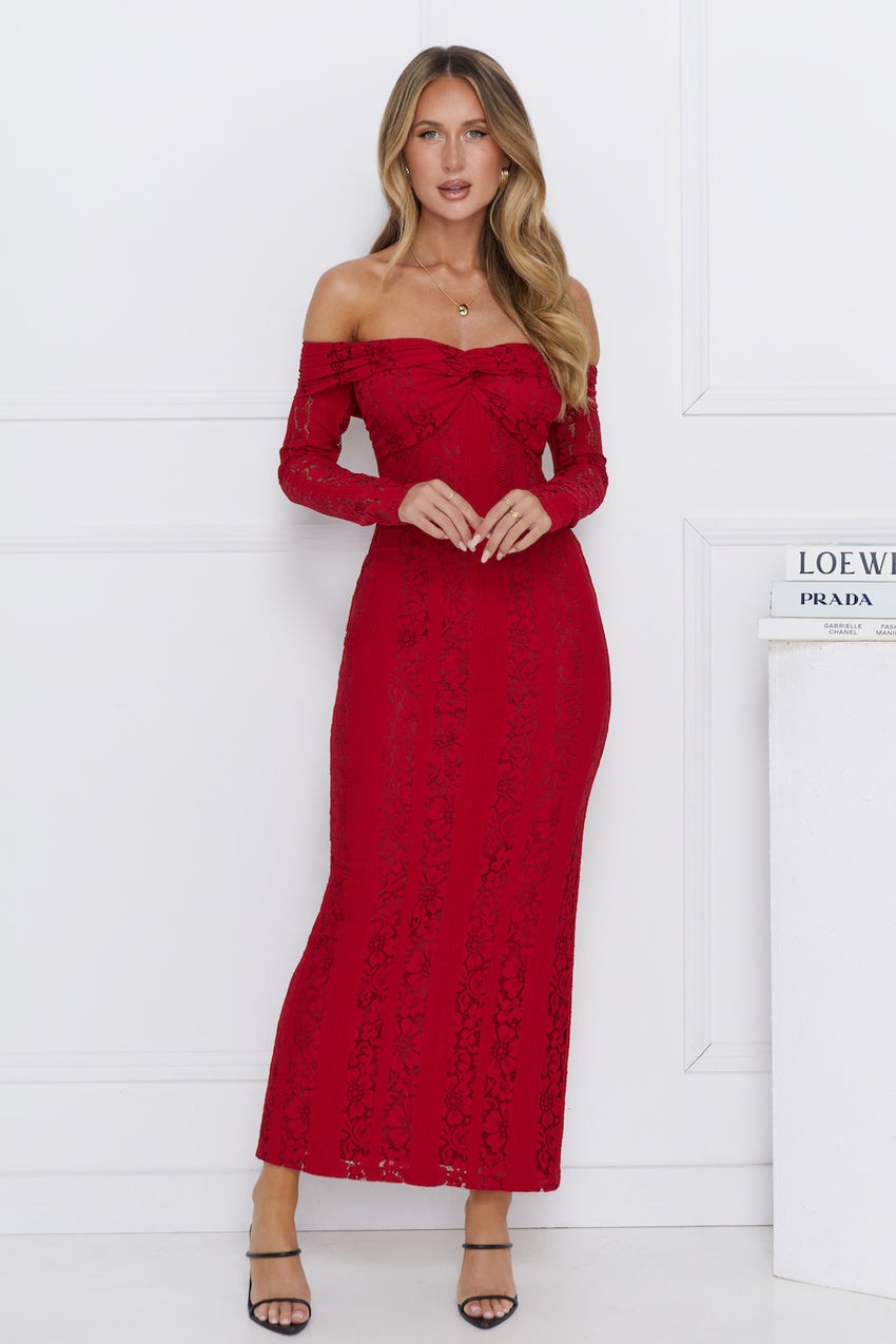 Pure Happiness Off Shoulder Lace Maxi Dress Burgundy