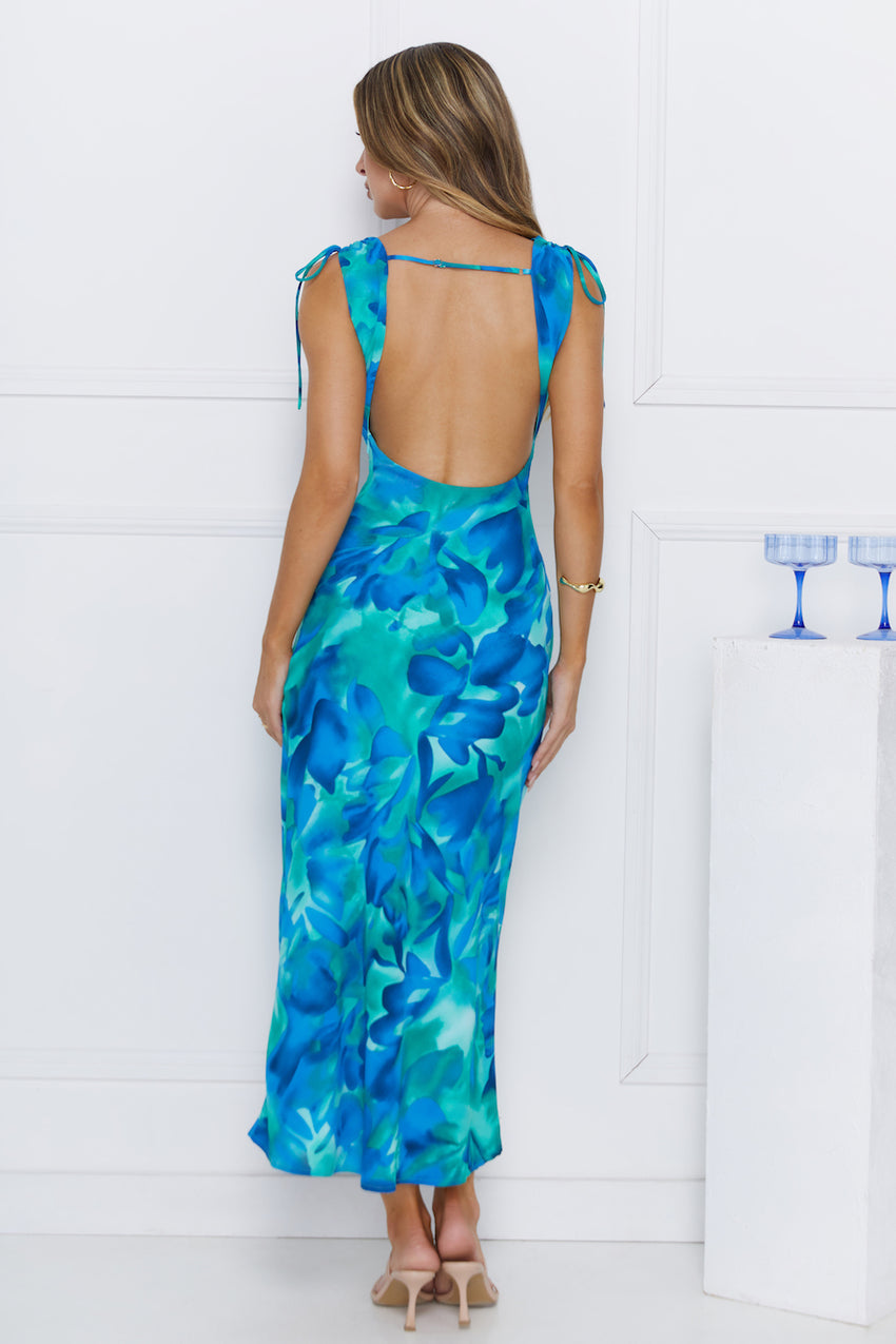 Saltwater Escape Satin Maxi Dress Blue