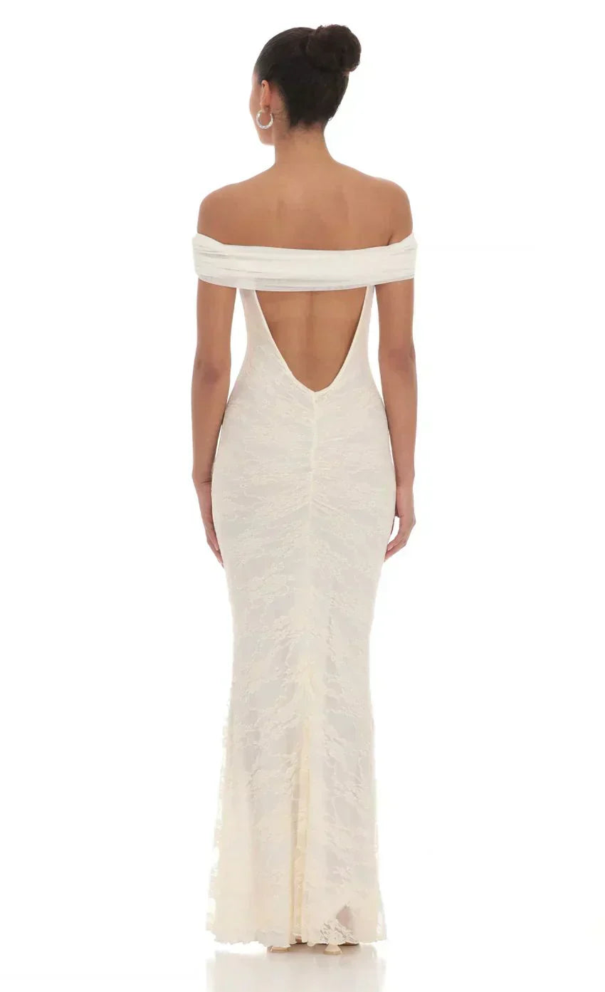 Off Shoulder Sheer Lace Maxi Dress In Cream