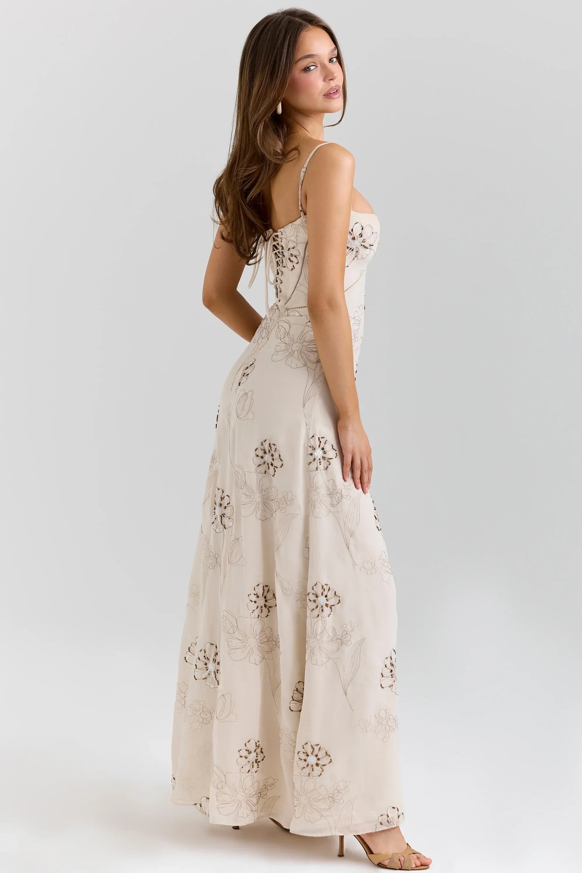 Vanilla Embroidered Hand Beaded Floral Maxi Dress