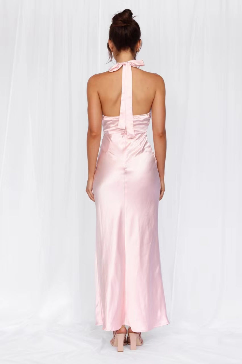HELLO MOLLY The Adeline Halter Satin Maxi Dress Pink