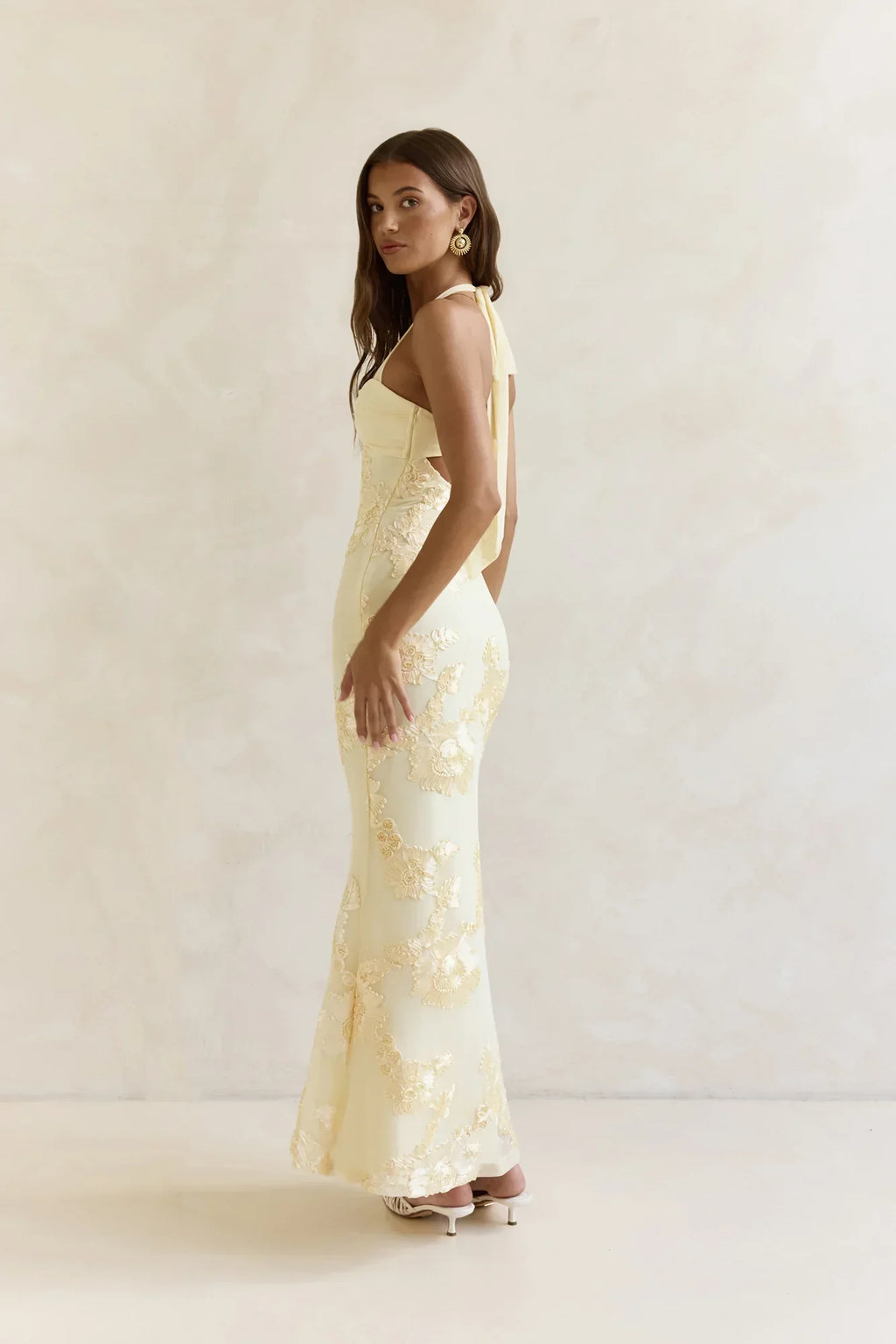 Skybloom Mesh Halter Maxi Dress Yellow