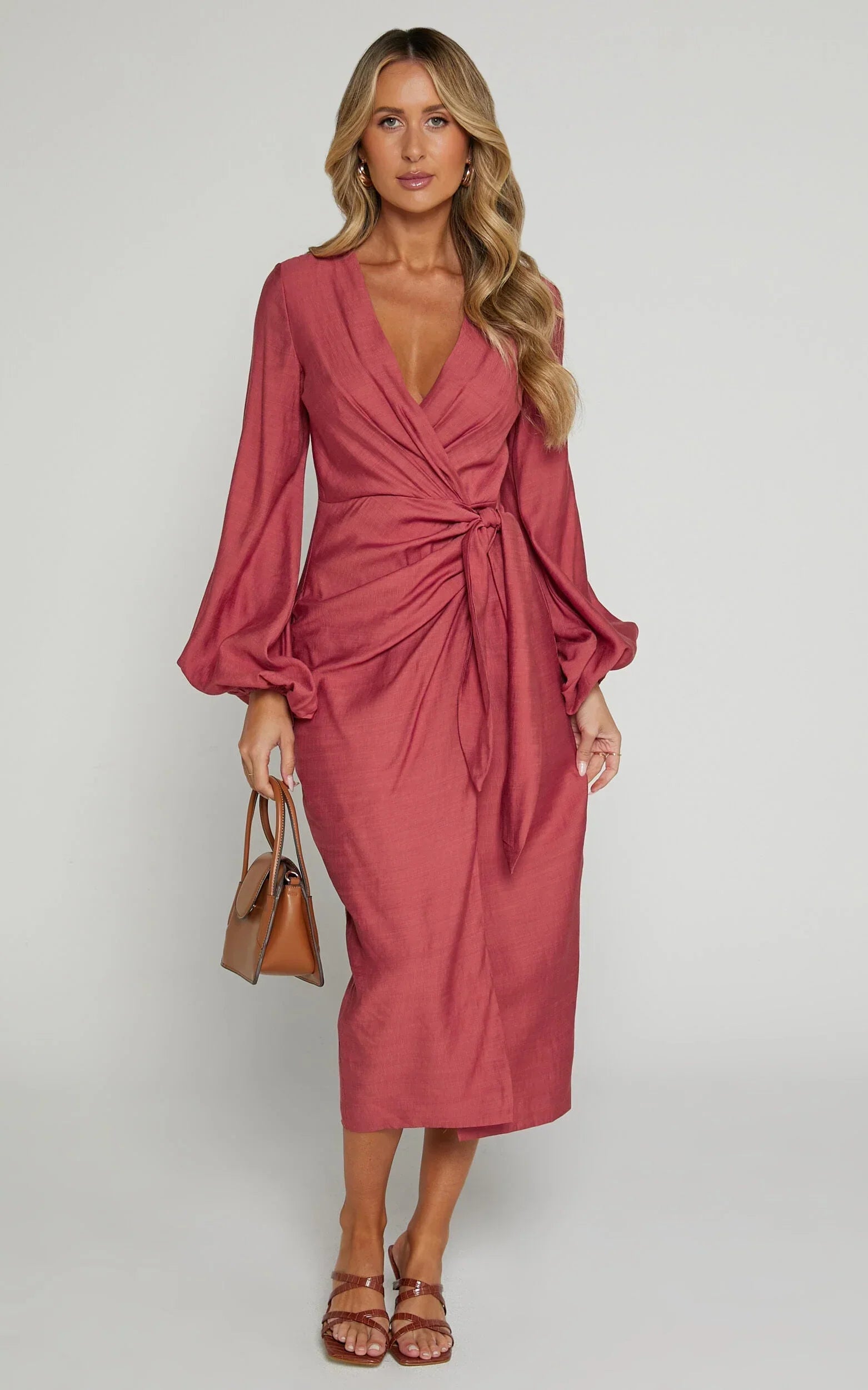 Taylor Midi Dress - Long Sleeve Wrap Dress In Clay