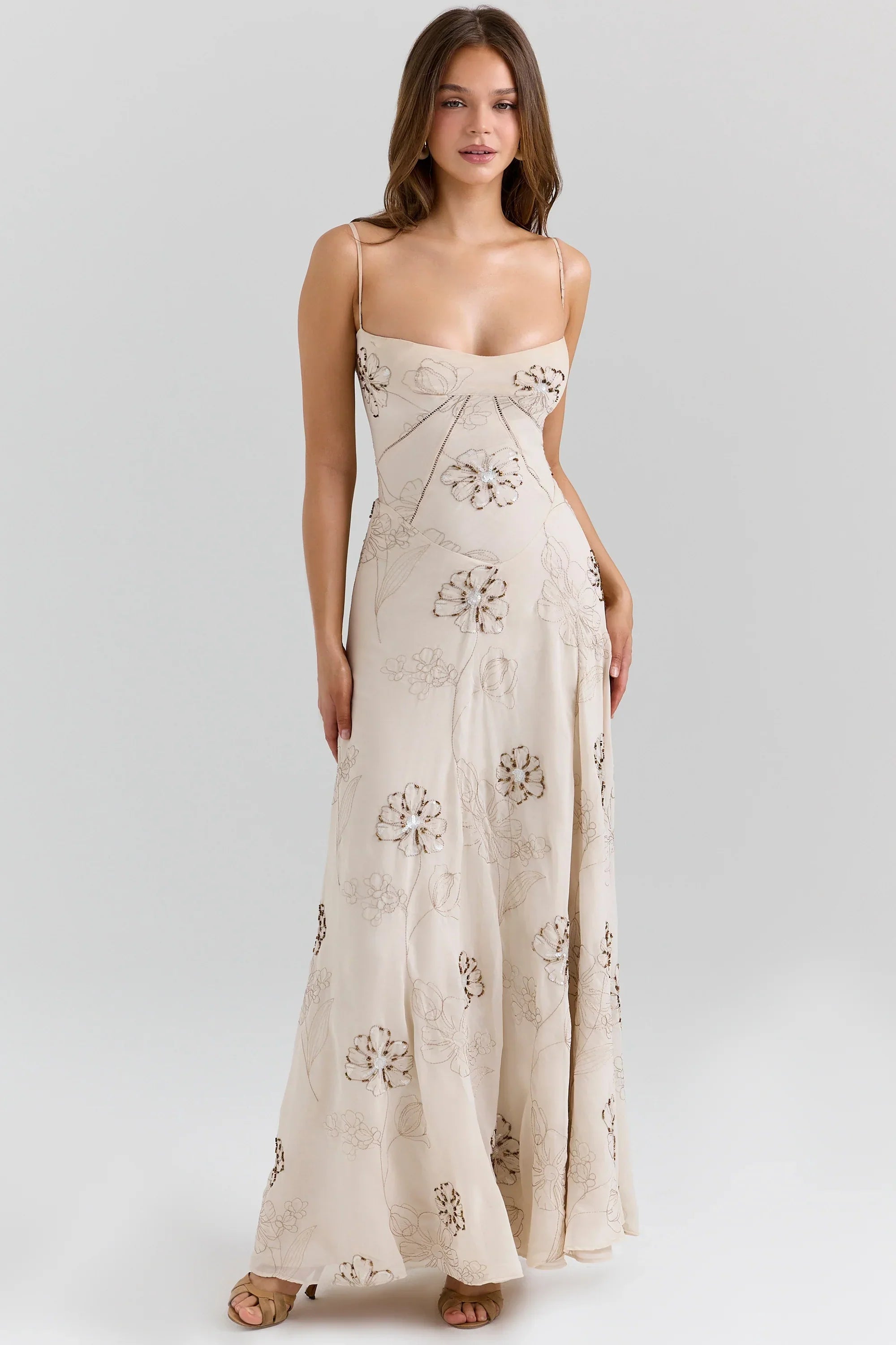 Vanilla Embroidered Hand Beaded Floral Maxi Dress