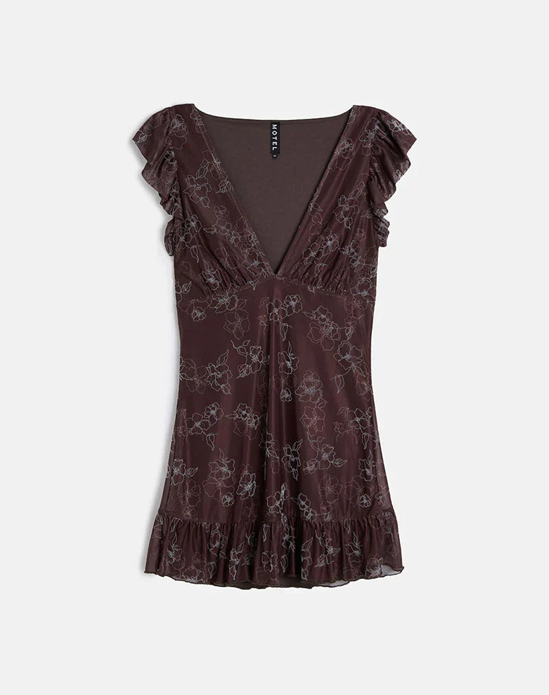 Motarika Mini Dress In Doodle Flower Flock Brown