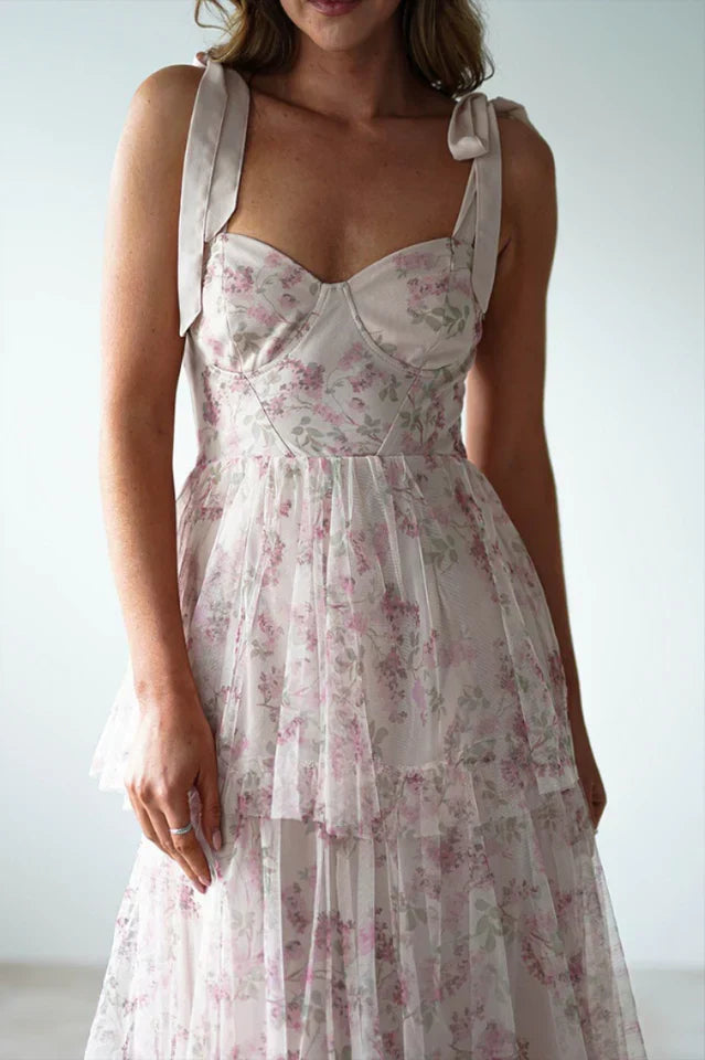 Tie Up Floral Print Tiered Maxi Dress