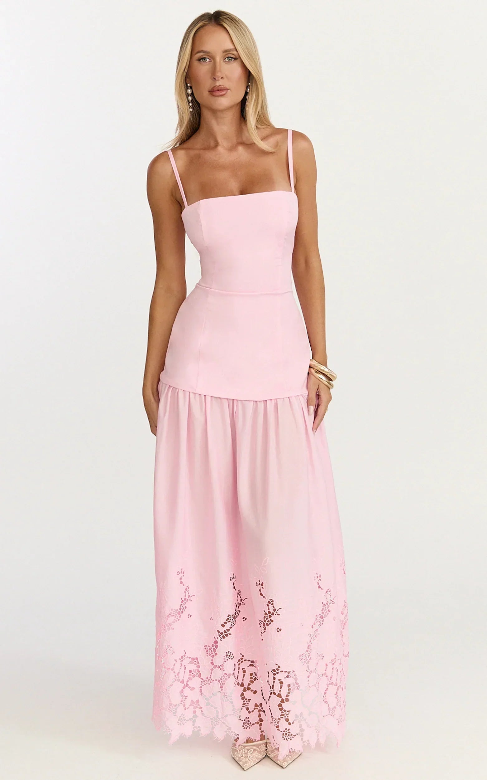 Everly Maxi Dress - Straight Neck Broderie Cut Out Hem Dress In Pink