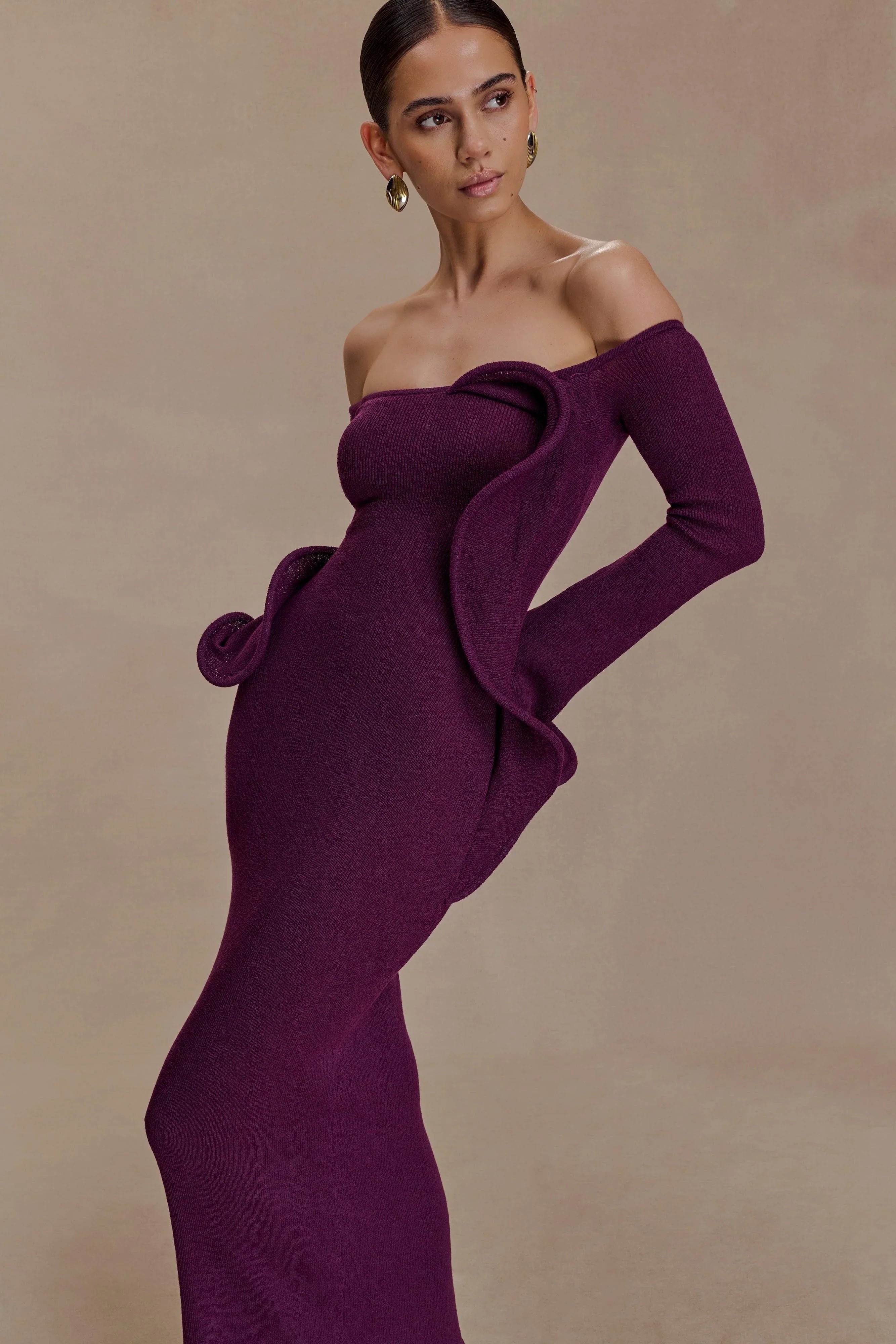 Sandrine Off Shoulder Knit Maxi Dress - Plum