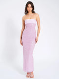 Lainey Purple Satin Sequin Pearls Beaded Maxi Dress