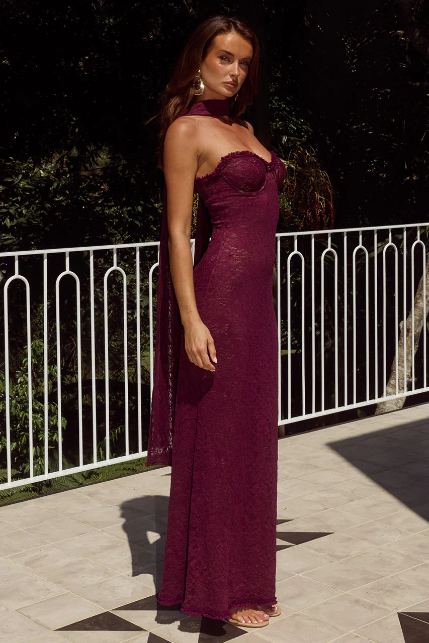Amana Strapless Scarf Maxi Dress - Wine