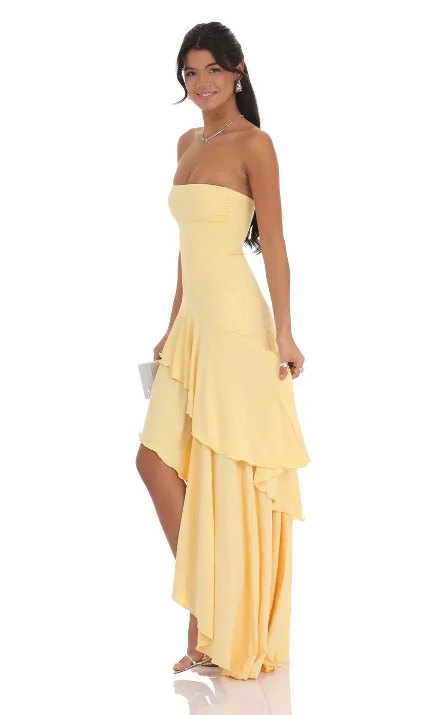 Strapless Ruffle Asymmetrical Maxi Dress In Yellow