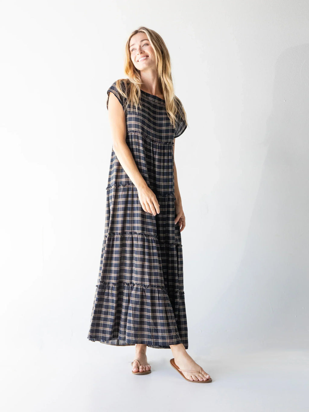 Berkley Maxi Dress - Navy Tan Plaid