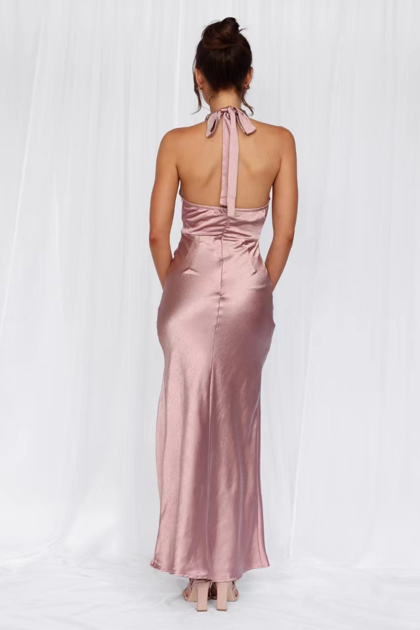 HELLO MOLLY The Adeline Halter Satin Maxi Dress Dusty Pink