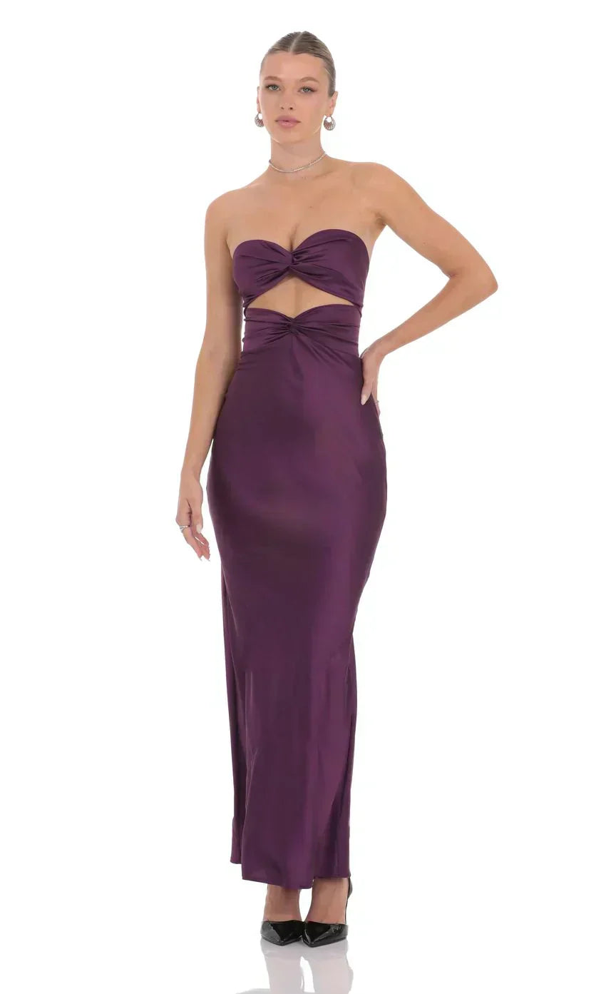 Satin Twist Cutout Maxi Dress In Purple