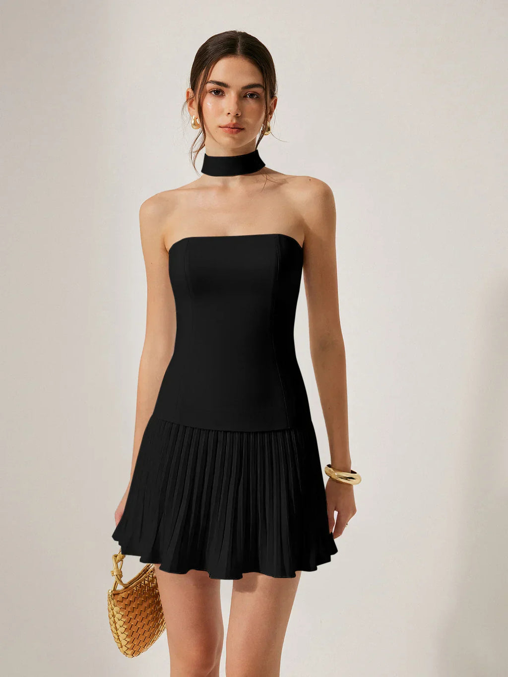 Halter Neck Strapless Pleated Mini Dress
