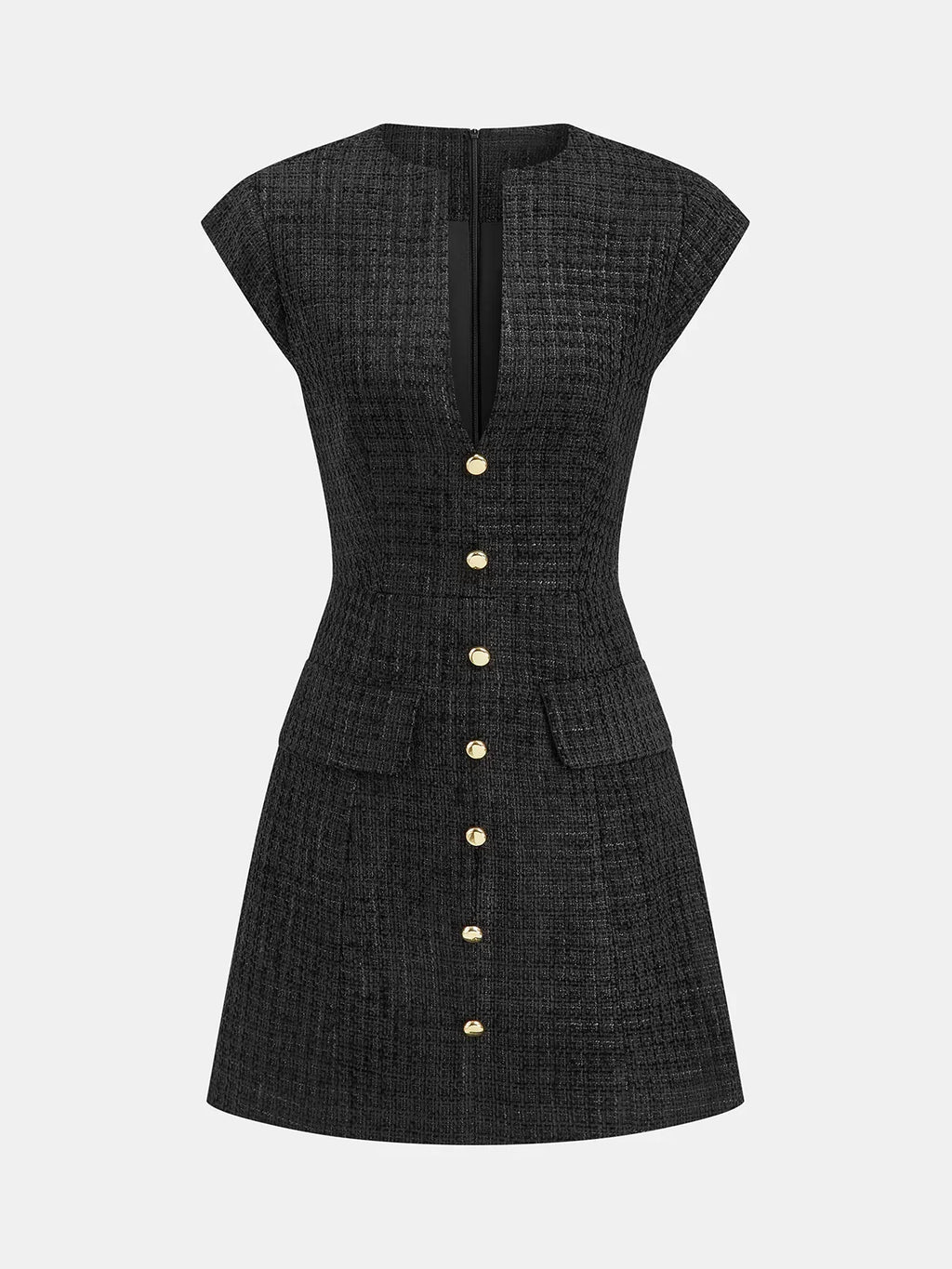 Metal Button Tweed Sleeveless Mini Dress