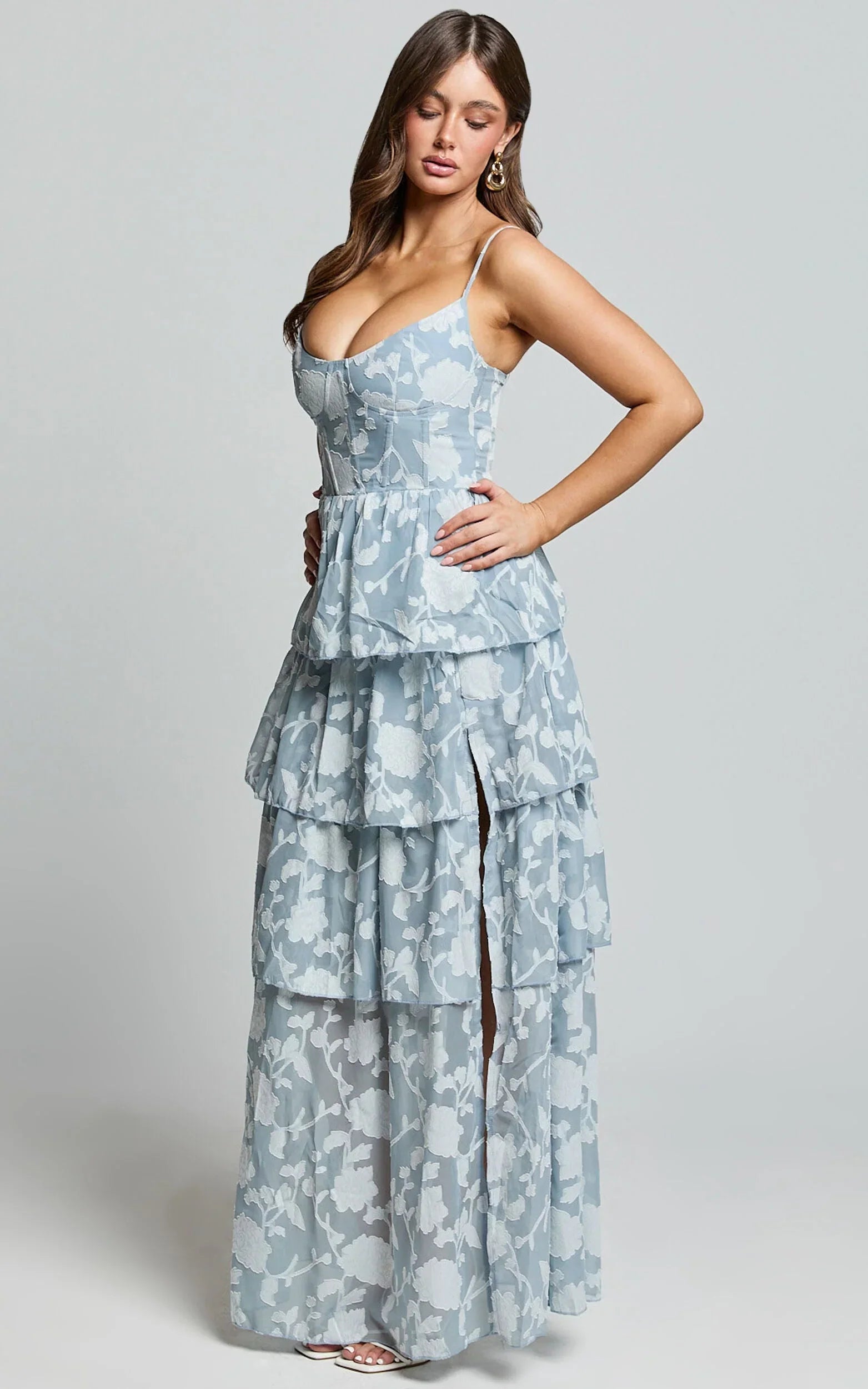 Janezkie Maxi Dress - Femme Tiered Jacquard Formal Dress In Light Blue