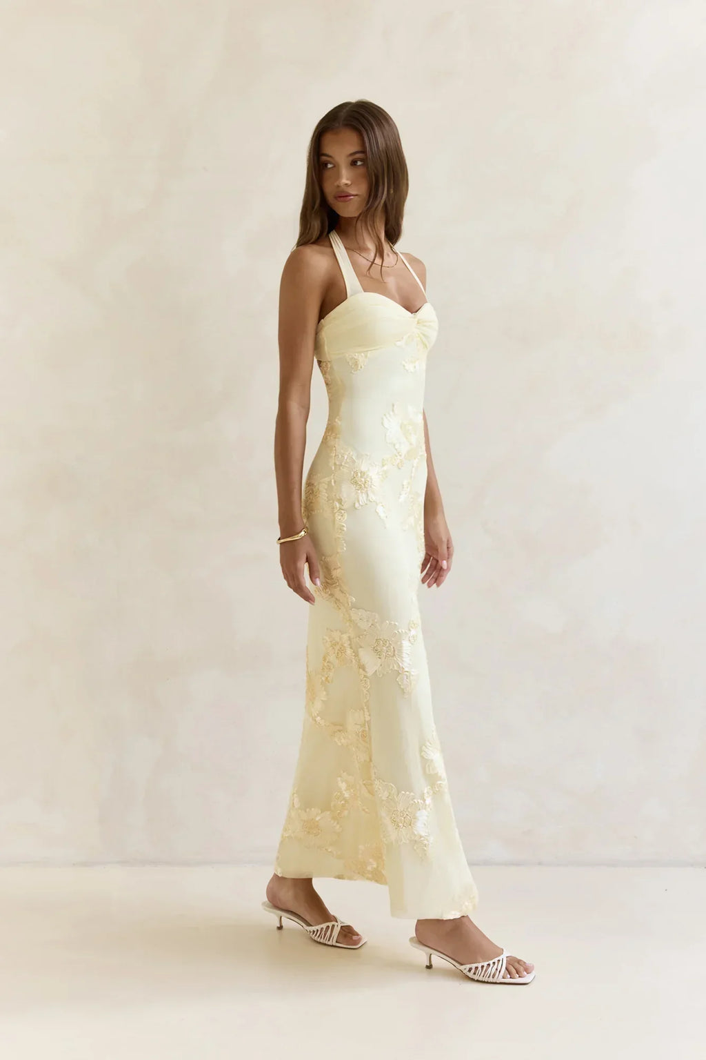 Skybloom Mesh Halter Maxi Dress Yellow