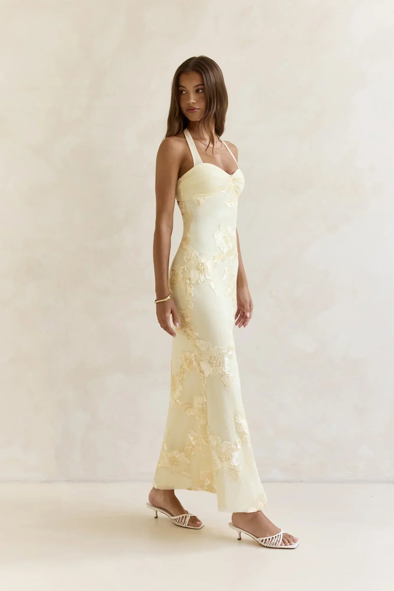 Skybloom Mesh Halter Maxi Dress Yellow