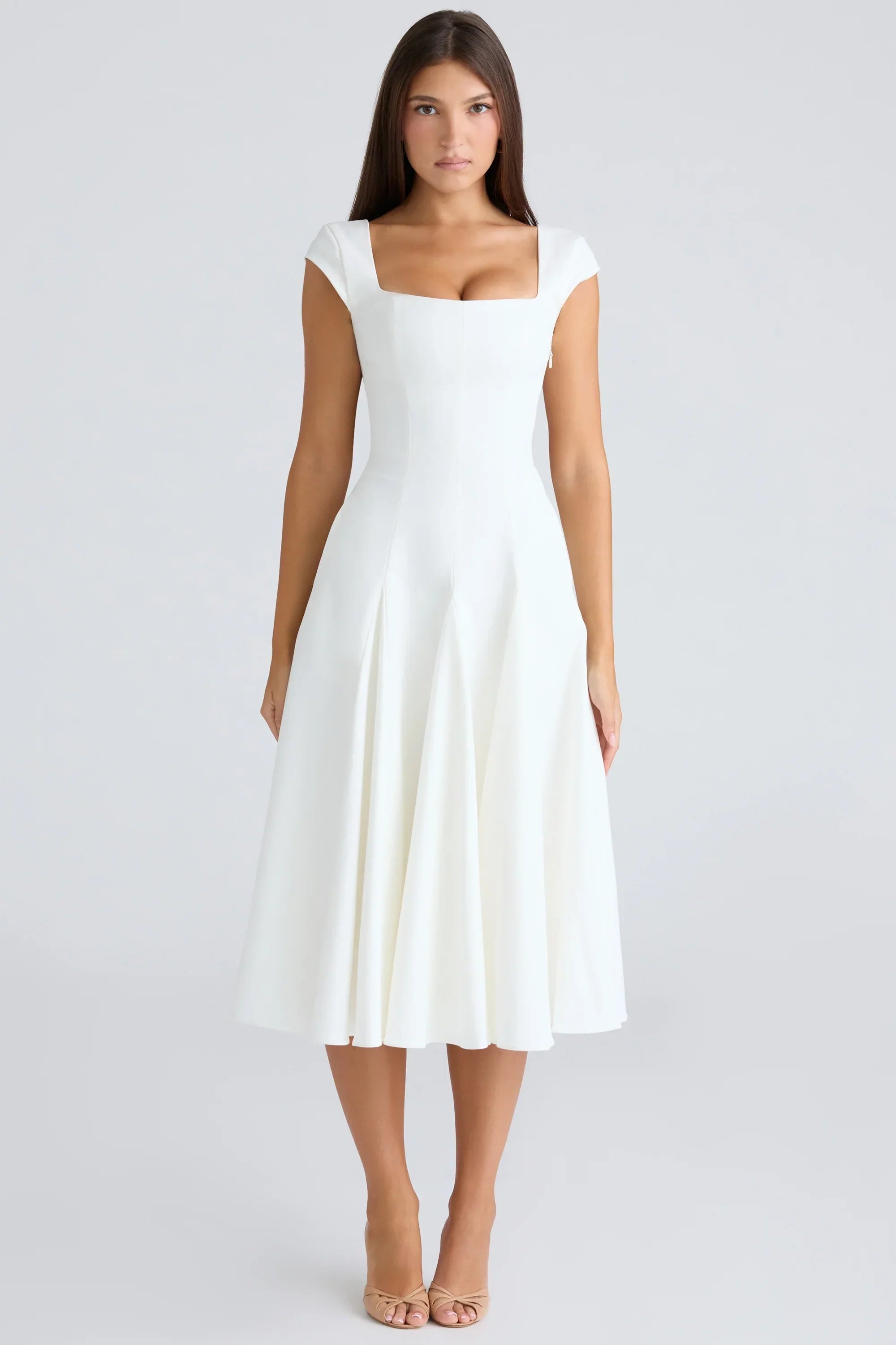 White Square Neck Twill Midi Dress