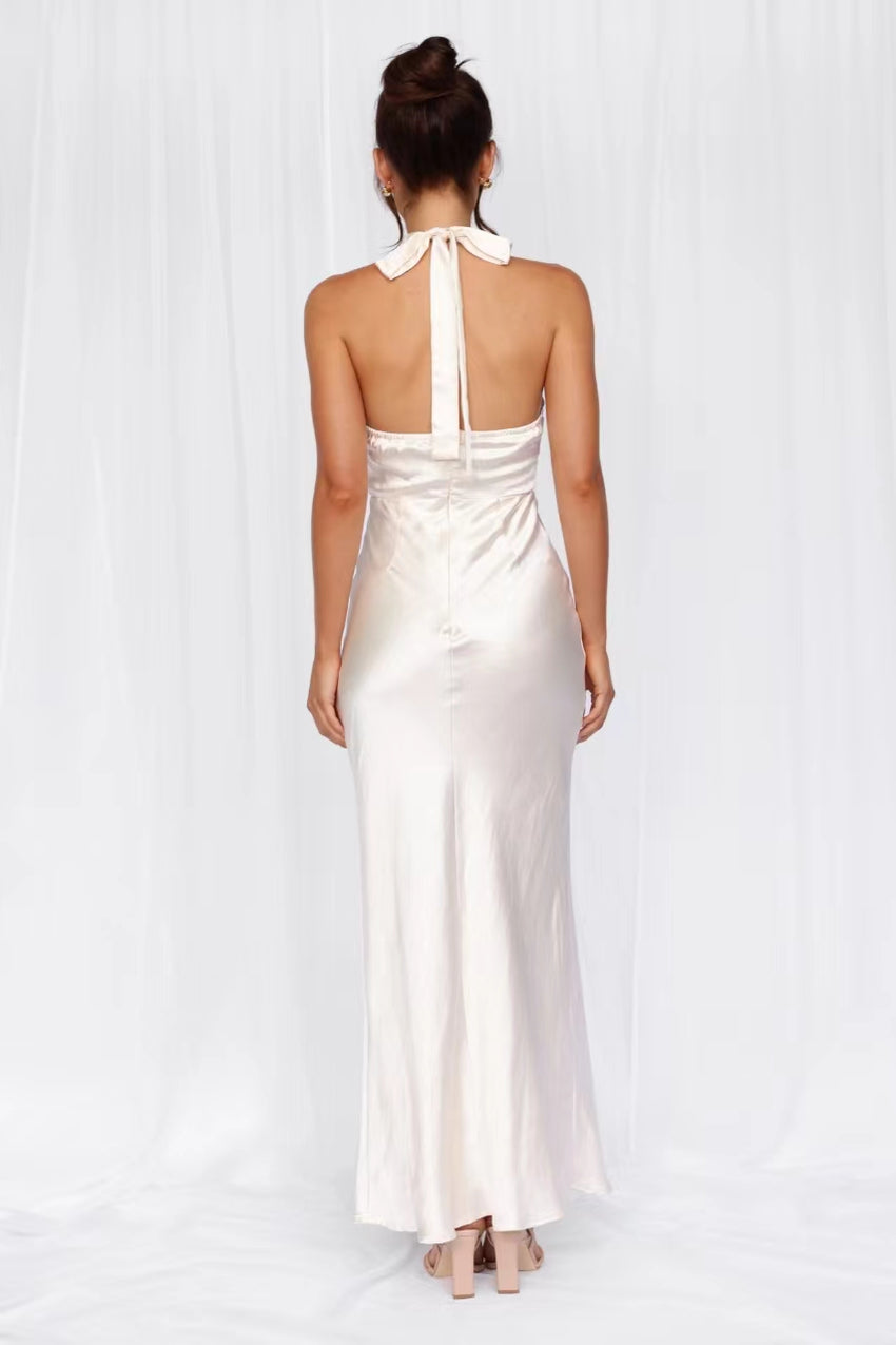 HELLO MOLLY The Adeline Halter Satin Maxi Dress Pearl