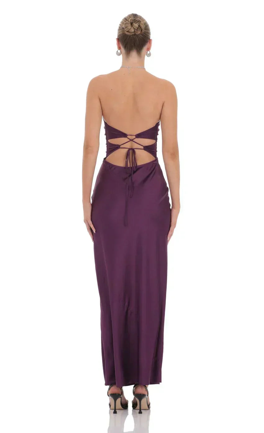 Satin Twist Cutout Maxi Dress In Purple