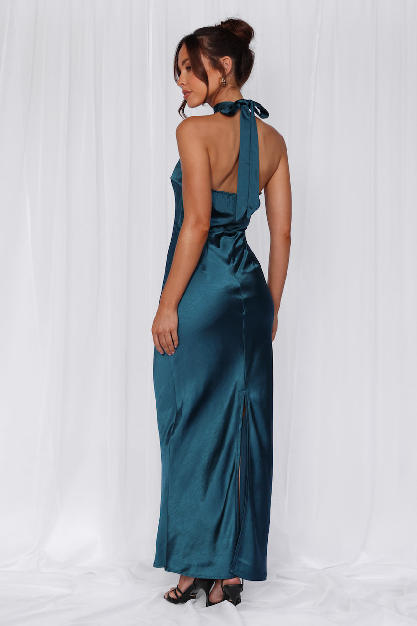 The Cleo Halter Satin Maxi Dress Teal